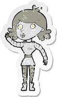 pegatina retro angustiada de una mujer robot de dibujos animados saludando vector