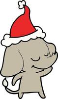 line drawing of a smiling elephant wearing santa hat vector