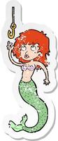 retro distressed sticker of a cartoon mermaid and hook vector