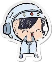 distressed sticker of a cartoon laughing astronaut girl vector