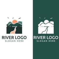 logotipos de ríos, arroyos, riberas y arroyos. logotipo del río con combinación de montañas y tierras de cultivo con plantilla de ilustración vectorial de diseño conceptual. vector