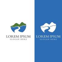 Logos of rivers, creeks, riverbanks and streams. River logo with combination of mountains and farmland with concept design vector illustration template.