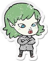 distressed sticker of a pretty cartoon elf girl vector