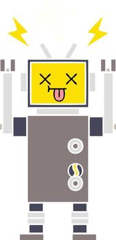 flat color retro cartoon malfunctioning robot vector