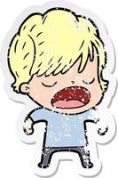 distressed sticker of a cartoon woman talking vector