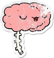 distressed sticker of a happy cartoon brain vector