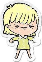 distressed sticker of a annoyed cartoon girl vector