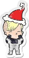 distressed sticker cartoon of a girl wearing futuristic clothes wearing santa hat vector