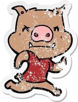 distressed sticker of a angry cartoon pig running vector