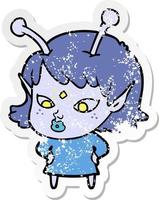 distressed sticker of a pretty cartoon alien girl vector