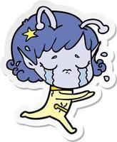 sticker of a cartoon crying alien girl vector