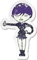 retro distressed sticker of a cartoon vampire girl giving thumbs up symbol vector