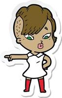 sticker of a cartoon surprised girl pointing vector