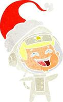 retro cartoon of a laughing astronaut wearing santa hat vector