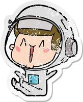 distressed sticker of a happy cartoon astronaut sitting vector