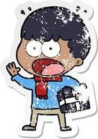 distressed sticker of a cartoon shocked man with gift vector