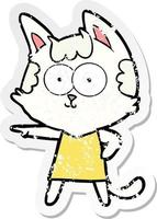 distressed sticker of a happy cartoon cat in dress pointing vector