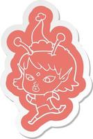 pretty cartoon  sticker of a alien girl running wearing santa hat vector