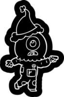 cartoon icon of a cyclops alien spaceman pointing wearing santa hat vector