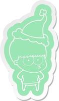 nervous cartoon  sticker of a boy wearing santa hat vector