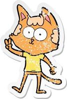 distressed sticker of a happy cartoon cat giving peace sign vector