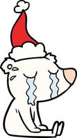 line drawing of a crying sitting polar bear wearing santa hat vector