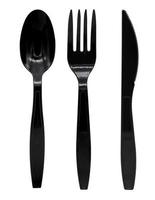 Black plastic spoon fork and knife isolated on white background photo