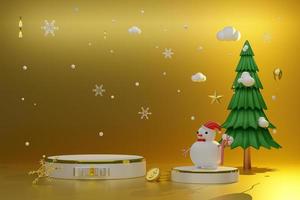 Podium Empty with Snow man and Christmas tree in Gold composition for modern stage display and minimalist mockup ,Concept Christmas and a festive New Year, 3d illustration or 3d render photo