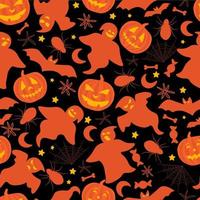 Seamless pattern with the Halloween holiday. Print with ghosts, pumpkins, spiders, bats. Vector graphics.