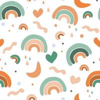 Seamless pattern with cute baby print. Abstract minimalistic rainbows, hearts, simple geometric shapes. Vector graphics.