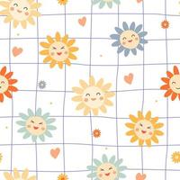 Seamless pattern with sunflowers. Summer cheerful print with smiling faces of flowers, hearts, lines. Vector graphics.