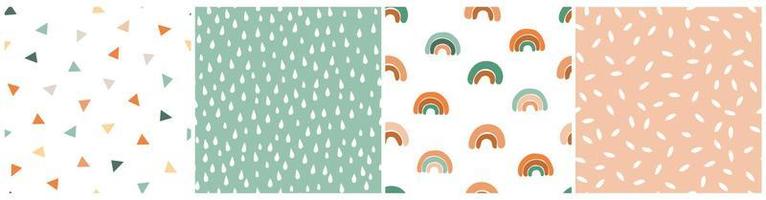 Seamless pattern set with cute baby print. Abstract minimalistic rainbows, drops, simple geometric shapes. Vector graphics.