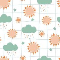 Seamless pattern with cute baby ornament. Abstract print with sun, clouds with rainbow rain, stars, lines. Vector graphics.