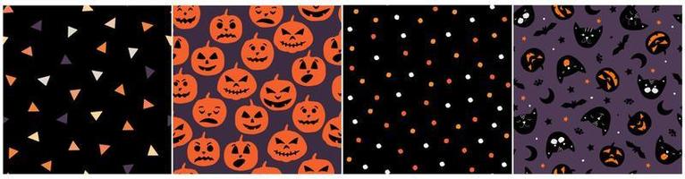 A set of seamless pattern with the Halloween holiday. Print with ghosts, pumpkins, spiders, bats, seals. Vector graphics.