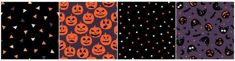 A set of seamless pattern with the Halloween holiday. Print with ghosts, pumpkins, spiders, bats, seals. Vector graphics.