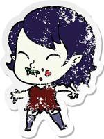 distressed sticker of a cartoon vampire girl with blood on cheek vector