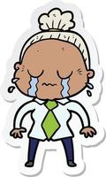 sticker of a cartoon crying old lady vector