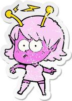 pegatina angustiada de una chica alienígena de dibujos animados vector
