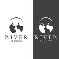 Logos of rivers, creeks, riverbanks and streams. River logo with combination of mountains and farmland with concept design vector illustration template.