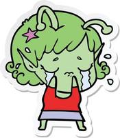pegatina de una niña alienígena llorando de dibujos animados vector