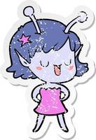 distressed sticker of a happy alien girl cartoon vector