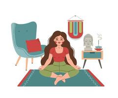 Yoga time girl in lotus position vector flat illustration