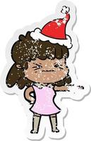 distressed sticker cartoon of a woman wearing santa hat vector