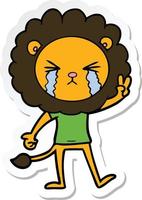 pegatina de un león llorando de dibujos animados dando el signo de la paz vector