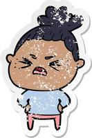 distressed sticker of a cartoon angry woman vector