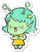 distressed sticker of a happy alien girl cartoon vector