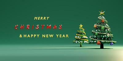 green Chrismas tree in green pastel composition for website or poster or Happiness cards,Christmas banner and festive New Year, realistic 3d illustration or 3d render photo