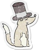 distressed sticker of a cartoon wolf whistling wearing top hat vector