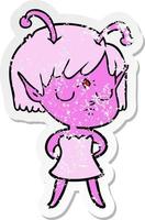 distressed sticker of a cartoon alien girl vector