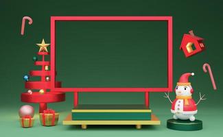 Podium Empty and snowman with frame and geometric shapes in green composition for website or poster or Happiness cards,Christmas banner and festive New Year, realistic 3d illustration or 3d render photo